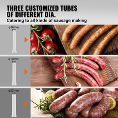 Three stainless steel sausage stuffer tubes in 16mm, 19mm, and 22mm sizes with sausage images.