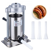Vertical stainless steel sausage stuffer with 2L capacity, hand crank, and three nozzle sizes.