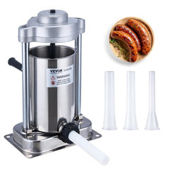 Vertical stainless steel sausage stuffer with 2L capacity, hand crank, and three nozzle sizes.