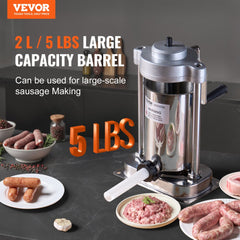 Vertical stainless steel sausage stuffer with 2L capacity, tubes, and meat on counter.
