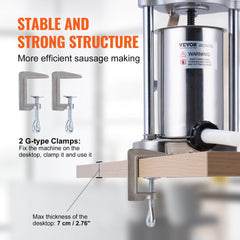 Vertical stainless steel sausage stuffer with 2L capacity and dual G-clamps on a wooden surface.