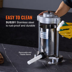 Vertical 2L stainless steel sausage stuffer with removable tiltable barrel and cleaning tool.