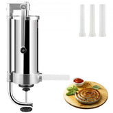 Stainless steel vertical sausage stuffer with three filling tubes and 3L capacity.
