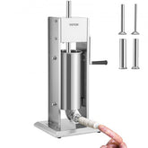 Vertical stainless steel sausage stuffer with 5L capacity, crank handle, filling tubes, and meat in nozzle.