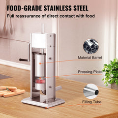 Vertical stainless steel sausage stuffer with 5L capacity, hand crank, filling tubes, and pressing plate.