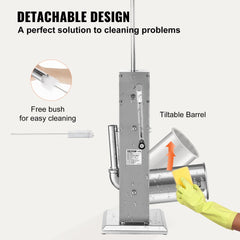 Stainless steel vertical sausage stuffer with 5L detachable, tiltable barrel and free brush for cleaning.