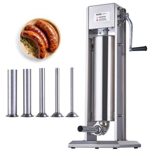 Bostome 7L vertical manual sausage stuffer made of 304 stainless steel with five tube sizes.
