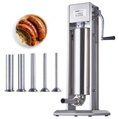 Bostome 7L vertical manual sausage stuffer made of 304 stainless steel with five tube sizes.