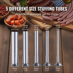 Bostome 7L vertical manual sausage stuffer made of 304 stainless steel with five tube sizes.