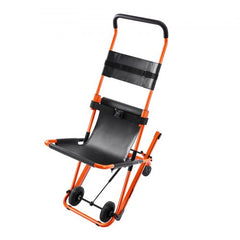 Orange foldable manual stair evacuation chair with black seat, straps, and wheels for 350 lbs capacity.