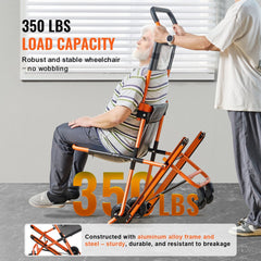 Foldable manual stair chair with 350 lbs capacity, aluminum-steel frame, and seated elderly user.