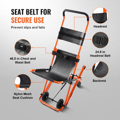 Foldable manual stair chair with orange frame, black seat, belts, and wheels for evacuation.