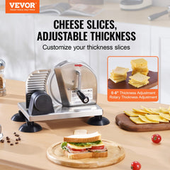 Manual adjustable cheese and bread slicer with 0-6 inch thickness dial and stainless steel blade.