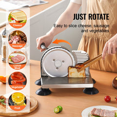 Manual adjustable bread and cheese slicer with 0-6 inch thickness dial, shown slicing cheese, sausage, and bread.