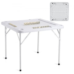 Bostome white folding Mahjong table with four cup holders and a spacious surface for games.