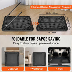 Black 4-player folding mahjong table with cup holders, shown unfolded and folded for storage.