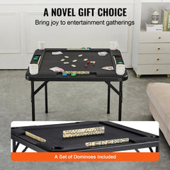 Black folding 4-player mahjong table with cup holders and included domino set.