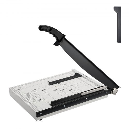 Bostome 15-inch guillotine paper cutter with black blade and white base, 16-sheet capacity.