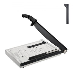 Bostome 15-inch guillotine paper cutter with black blade and white base, 16-sheet capacity.