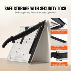 A 15-inch guillotine paper cutter with black handle, safety lock, and self-supporting base.
