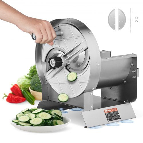 A hand using a stainless steel manual vegetable slicer to cut cucumbers into thin slices on a counter.