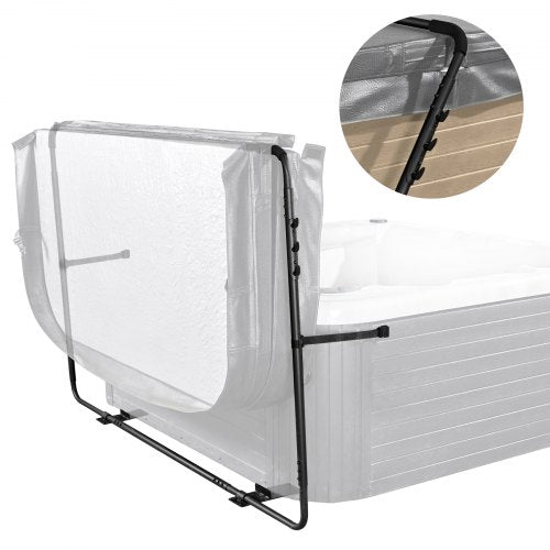 Black adjustable aluminum hot tub cover lift for rectangular tubs with flip-and-fold design.