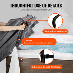 Adjustable hot tub cover lift with padded handle, 3 hooks for towels, and canvas tow strap.