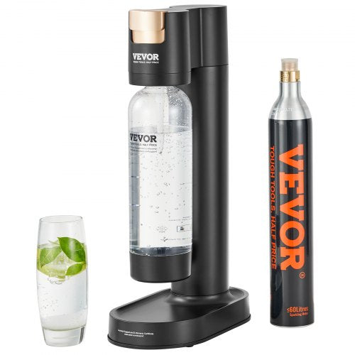 Bostome sparkling water maker with 1L BPA-free bottle, CO2 cylinder, and glass of sparkling water.