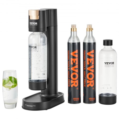 Black Bostome sparkling water maker with two CO2 cylinders, two bottles, and a glass of lime water.