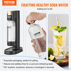 Bostome sparkling water maker with black carbonator, two clear bottles, two CO2 cylinders, and a glass of lemon water.