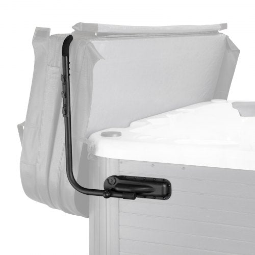 Black adjustable hot tub cover lift mounted on a white spa edge, with cover partially lifted.