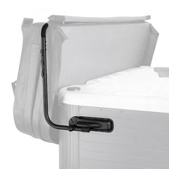 Black adjustable hot tub cover lift mounted on a white spa edge, with cover partially lifted.