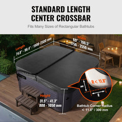 Diagram of Bostome adjustable hot tub cover lift showing fit for 31.5-41.3" heights and 69-100.5" widths on rectangular tubs.