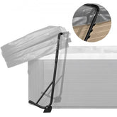 Black adjustable hot tub cover lift with bracket, lifting open cover on spa.