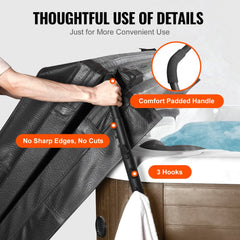 A man demonstrates the Bostome adjustable hot tub cover lift, featuring padded handles, no sharp edges, and three hooks on a brown spa tub.