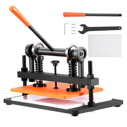 Black manual leather cutting machine with orange handle, 14.2 x 10.2 in embossing plate, and included tools.