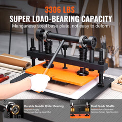 Leather cutting machine with 14.2 x 10.2 in embossing plate, 3306 lbs capacity, and manganese steel base.