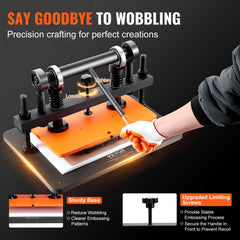 Bostome leather cutting machine with 14.2 x 10.2 inch embossing plate, featuring sturdy base and adjustable handle.