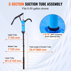 Hand-operated plastic drum pump for transferring liquids from 5 to 55-gallon drums.