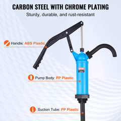 Hand-operated plastic drum pump with ergonomic handle for transferring liquids from 5-55 gallon drums.