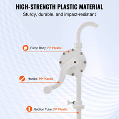 Bostome Rotary Drum Pump with hand crank, 6.5 GPM flow rate and adjustable suction tube.