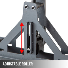 Gray adjustable roller on Bostome manual tubing bender with red arrows showing height adjustment.