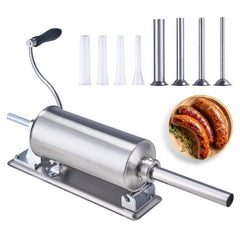 Stainless steel 2.5L horizontal sausage stuffer with 8 tubes and table-clamp design.