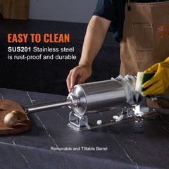 Stainless steel Bostome 2.5L horizontal sausage stuffer with 8 tubes and table-clamp design.