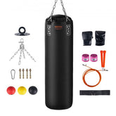 4ft unfilled PVC heavy punching bag set with gloves and various training accessories.