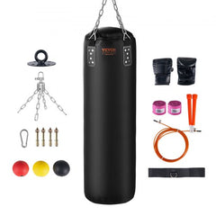 4ft unfilled PVC heavy punching bag set with gloves and various training accessories.