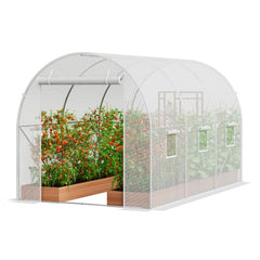 Walk-in greenhouse with a galvanized frame, measuring 9.58x6.43x6.23 ft, featuring a zipper door.