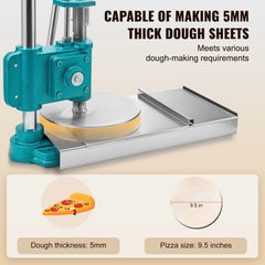 Stainless steel manual pizza dough press machine with a 9.5-inch pressing plate.
