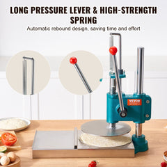 Stainless steel manual pizza dough press with a 9.5-inch plate for even thickness.