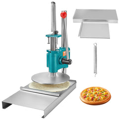 Stainless steel manual pizza dough press with a 9.5-inch plate for even thickness.